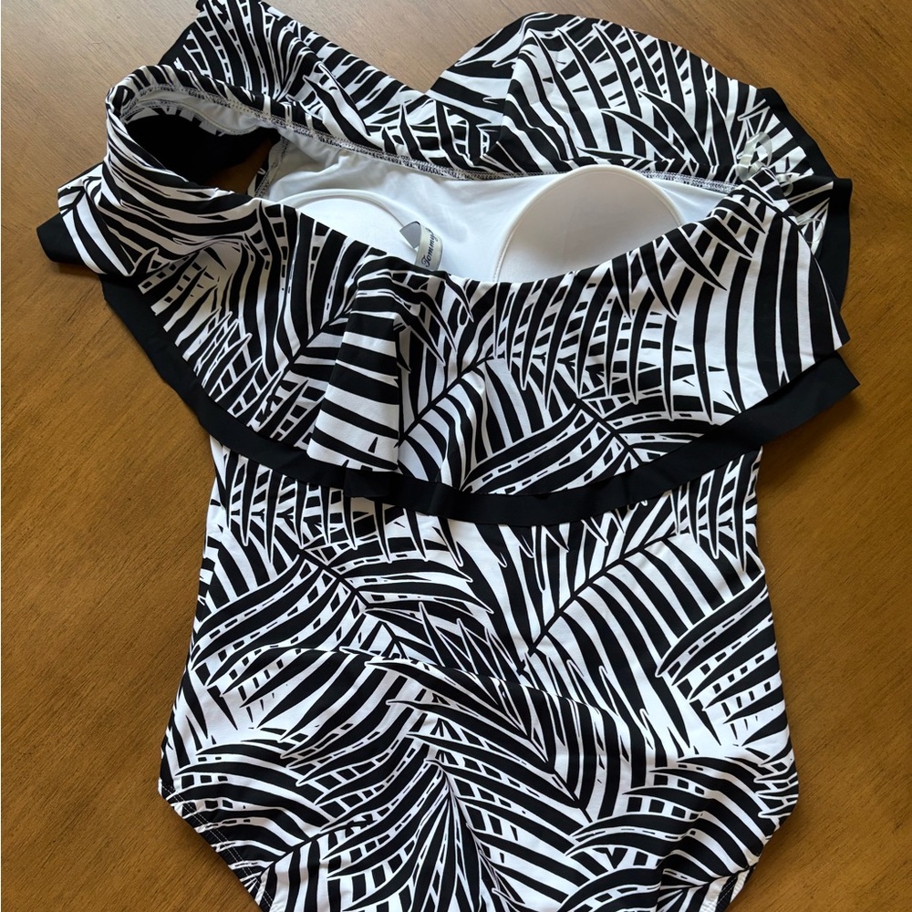 Tommy Bahama Black and White One Piece Swimsuit with Ruffled Neckline